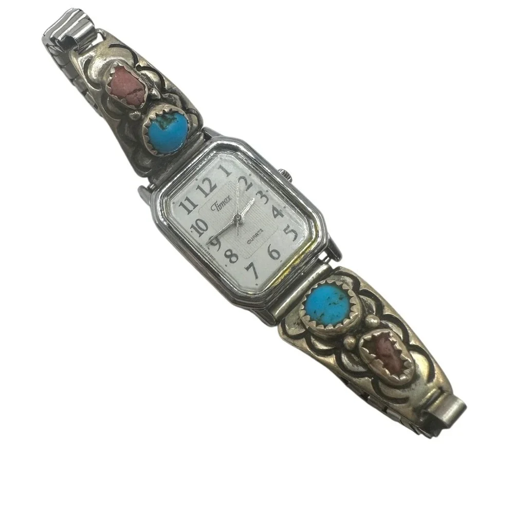 Sterling Silver Turquoise Coral Timex Watch 7in Stretch Band‎ Southwestern